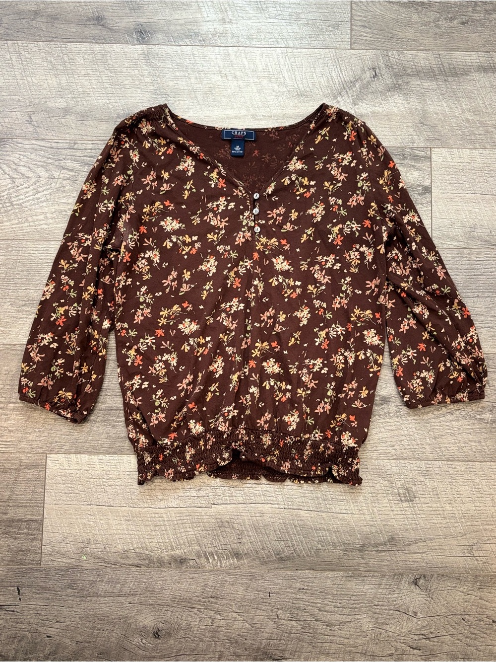 Chaps Women’s Brown Floral 100Cotton Woven V-Neck 3/4 Sleeve boho Blouse M